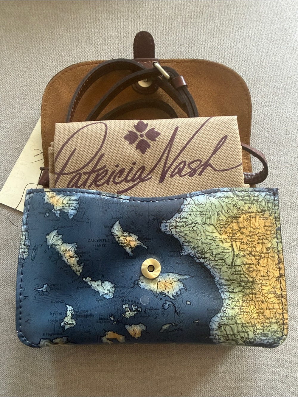 Patricia Nash Navy Map Print Leather Crossbody Wallet with Brown Strap - Picture 6 of 11